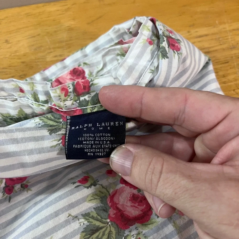 Vtg Ralph Lauren Emma Blue Floral Rose Ticking Stripe Ruffle Full Flat Sheet USA